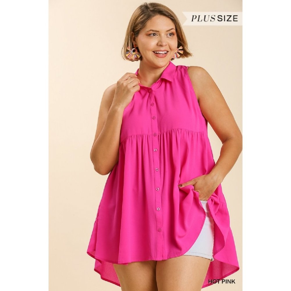 Umgee Plus Pink Collar Button Down Short Sleeve Tiered Tunic Top